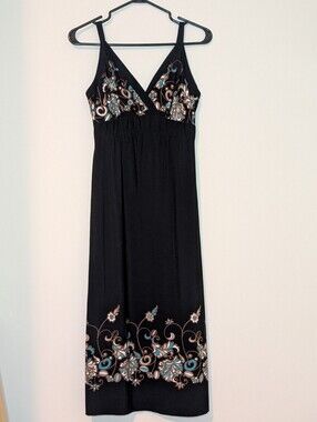 A Pea in the Pod Black Maxi Dress with Teal & Gold Floral Print, size X-small